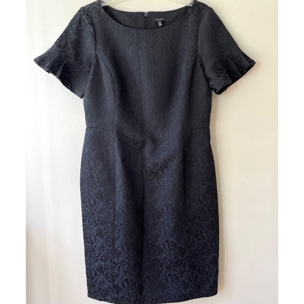 Talbots Sz 12 Black Brocade Flutter Sleeve Back Zip Midi Lined Dress